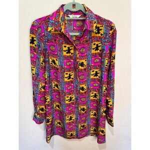 Tucker 100% Silk Shirt Dress Tunic sz M Bold‎ Bright Pattern
